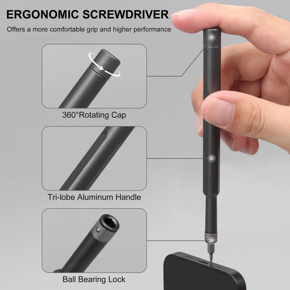 An ergonomic screwdriver with a tri-lobe aluminum handle, 360° rotating cap, and ball bearing lock being used to drive a scre
