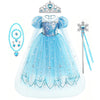 Light blue tulle princess party dress with silver lace details and a crown