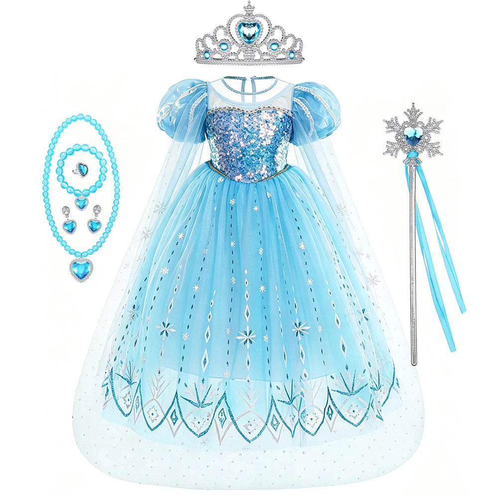 Light blue tulle princess party dress with silver lace details and a crown