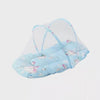 A light blue foldable baby mosquito net with a mattress and pillow for infant use.