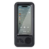 A black waterproof shower phone holder with a display showing music controls and a speaker grille.