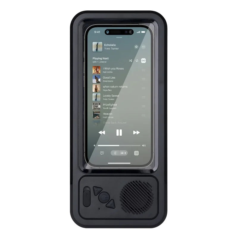 A black waterproof shower phone holder with a display showing music controls and a speaker grille.