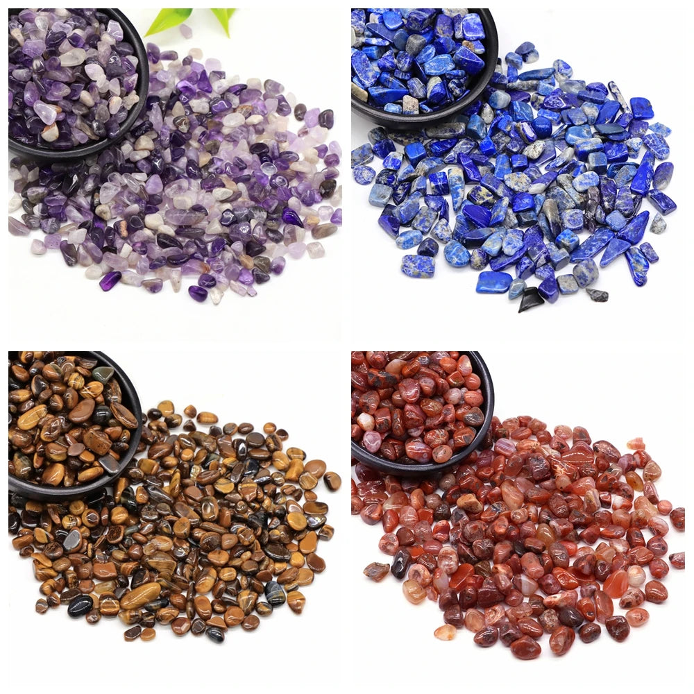 A collection of purple and blue crystal stone chips, along with brown and reddish-brown natural stone chips.
