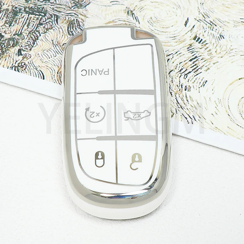 A silver plastic car key fob with panic and unlock buttons is shown against a patterned background.