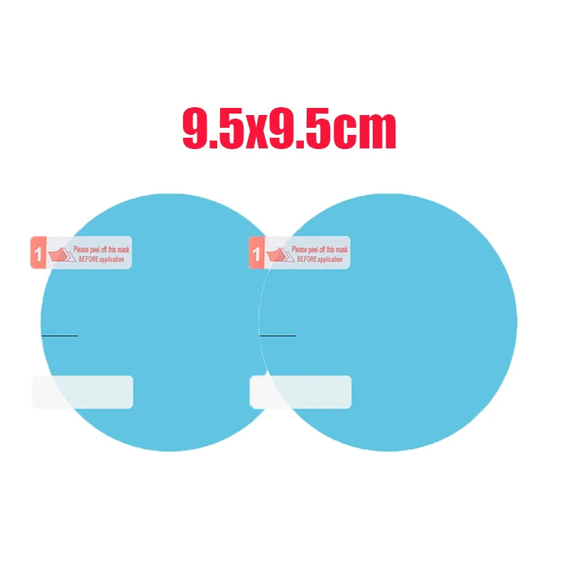 A circular blue film for a car mirror with anti-fog and anti-reflective coating, measuring 9.5x9.5cm.