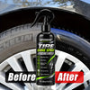 A bottle of Qifeng Tire Shine Spray with a pump dispenser placed on a car wheel.