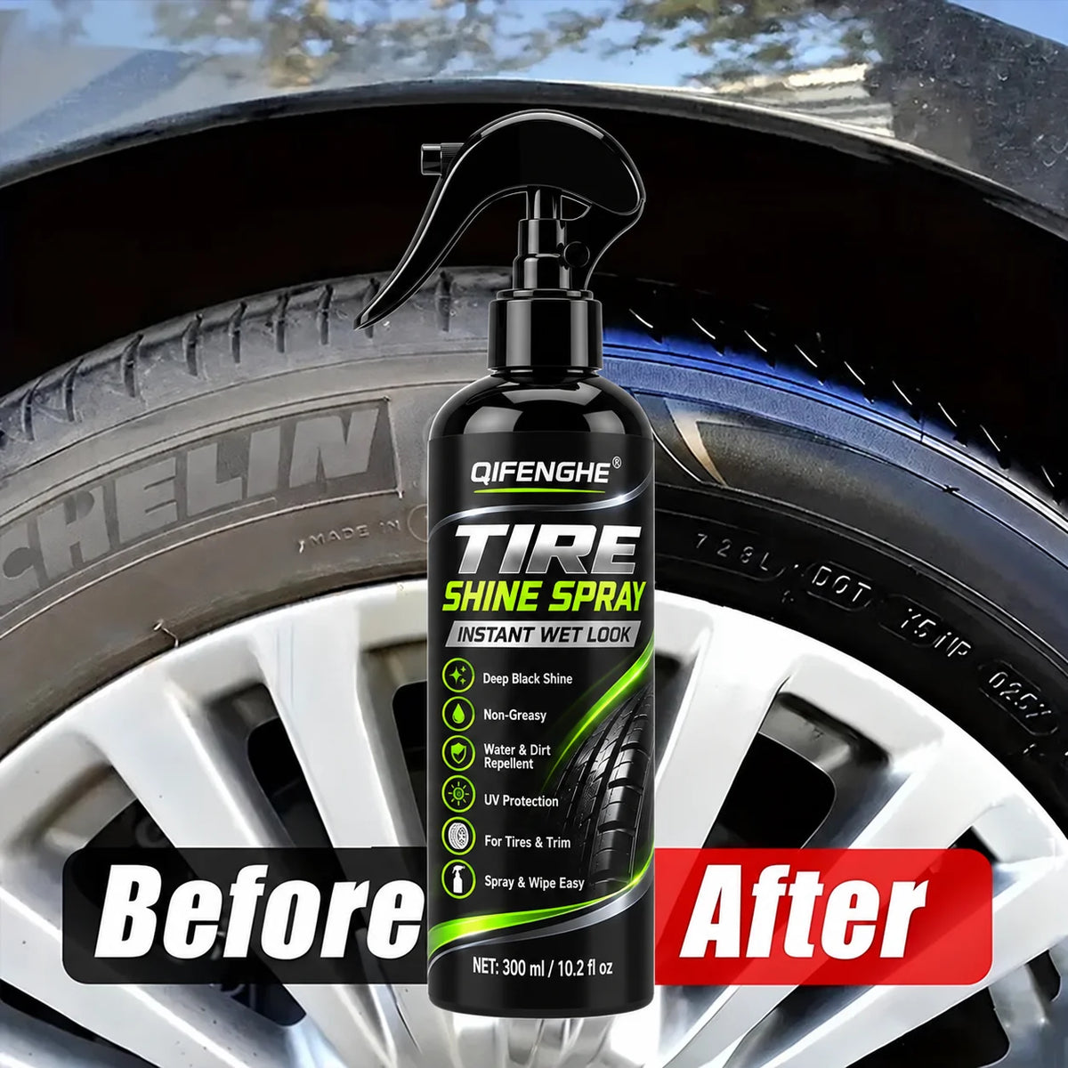A bottle of Qifeng Tire Shine Spray with a pump dispenser placed on a car wheel.