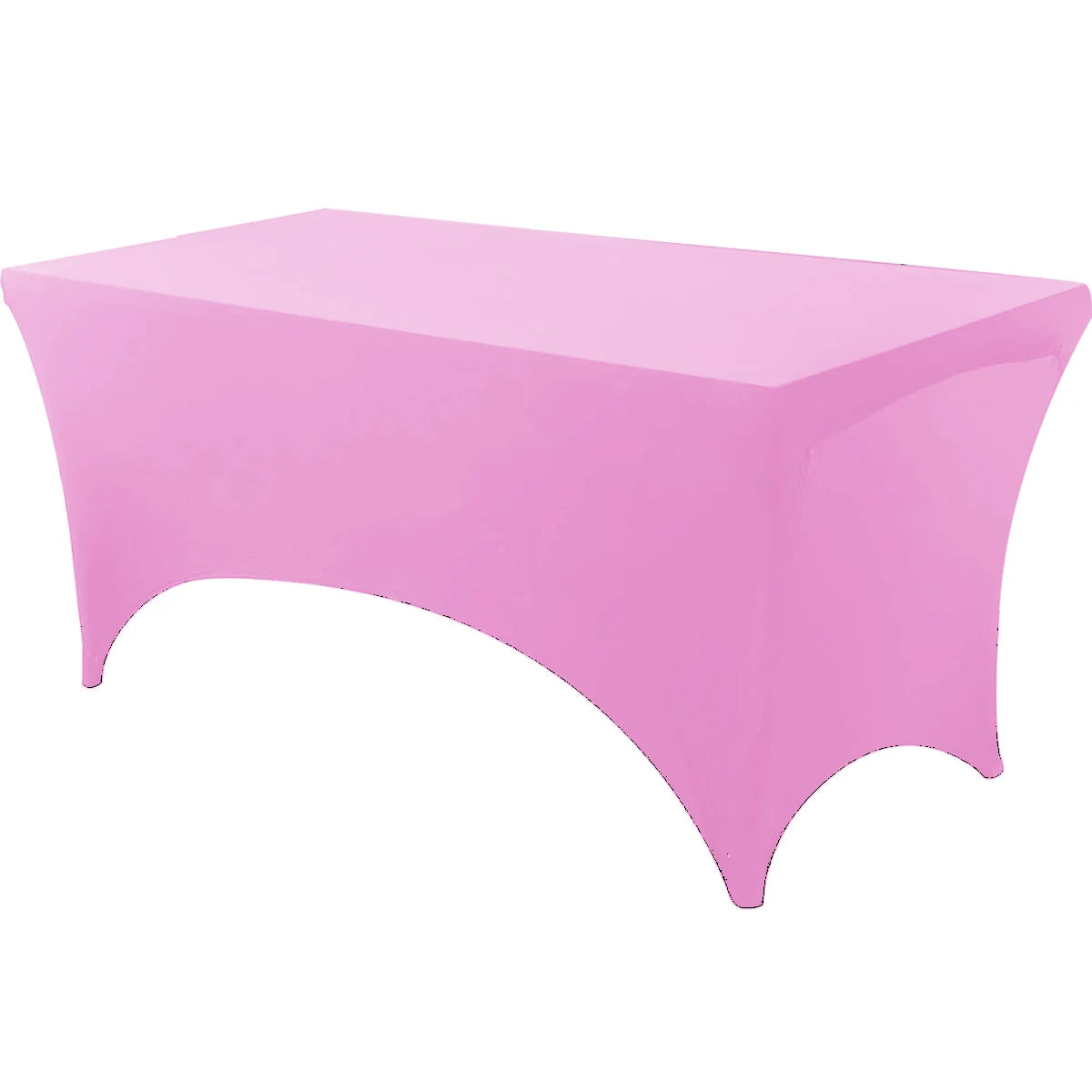 A bright pink stretchable spandex tablecloth covering a rectangular table.