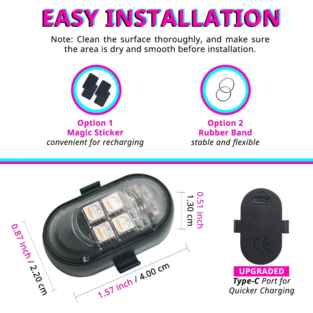 An RGB LED strobe light module with a Type-C port and various installation options shown on a black background.