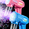 A pink bubble gun and a blue bubble gun are shown against a dark background, demonstrating the automatic bubble rocket blaste