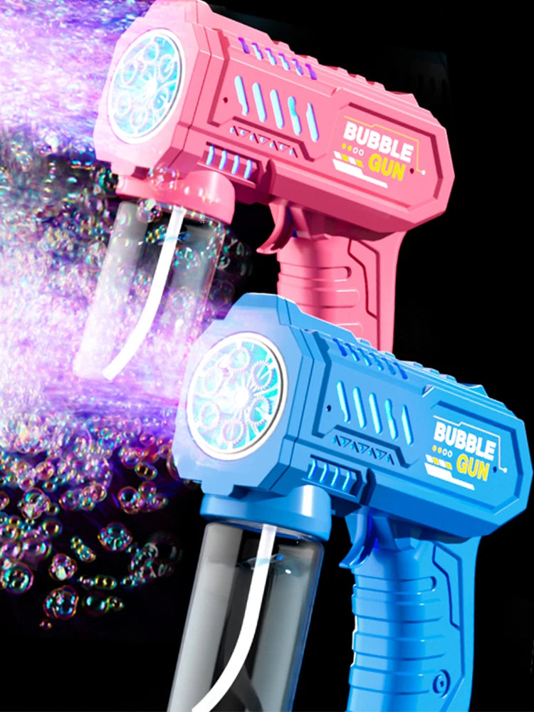 A pink bubble gun and a blue bubble gun are shown against a dark background, demonstrating the automatic bubble rocket blaste