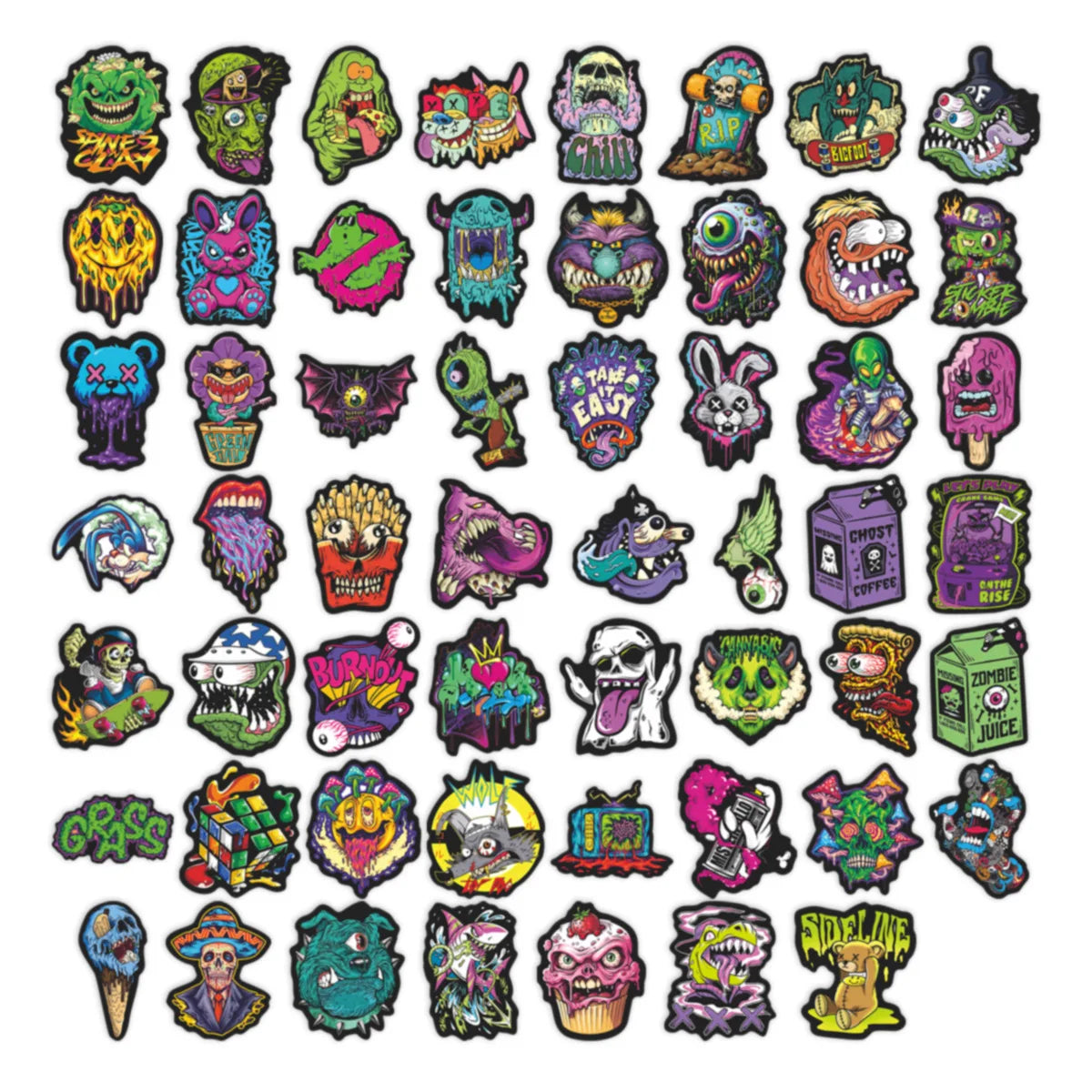 A collection of 55 colorful skull stickers featuring various designs and themes.