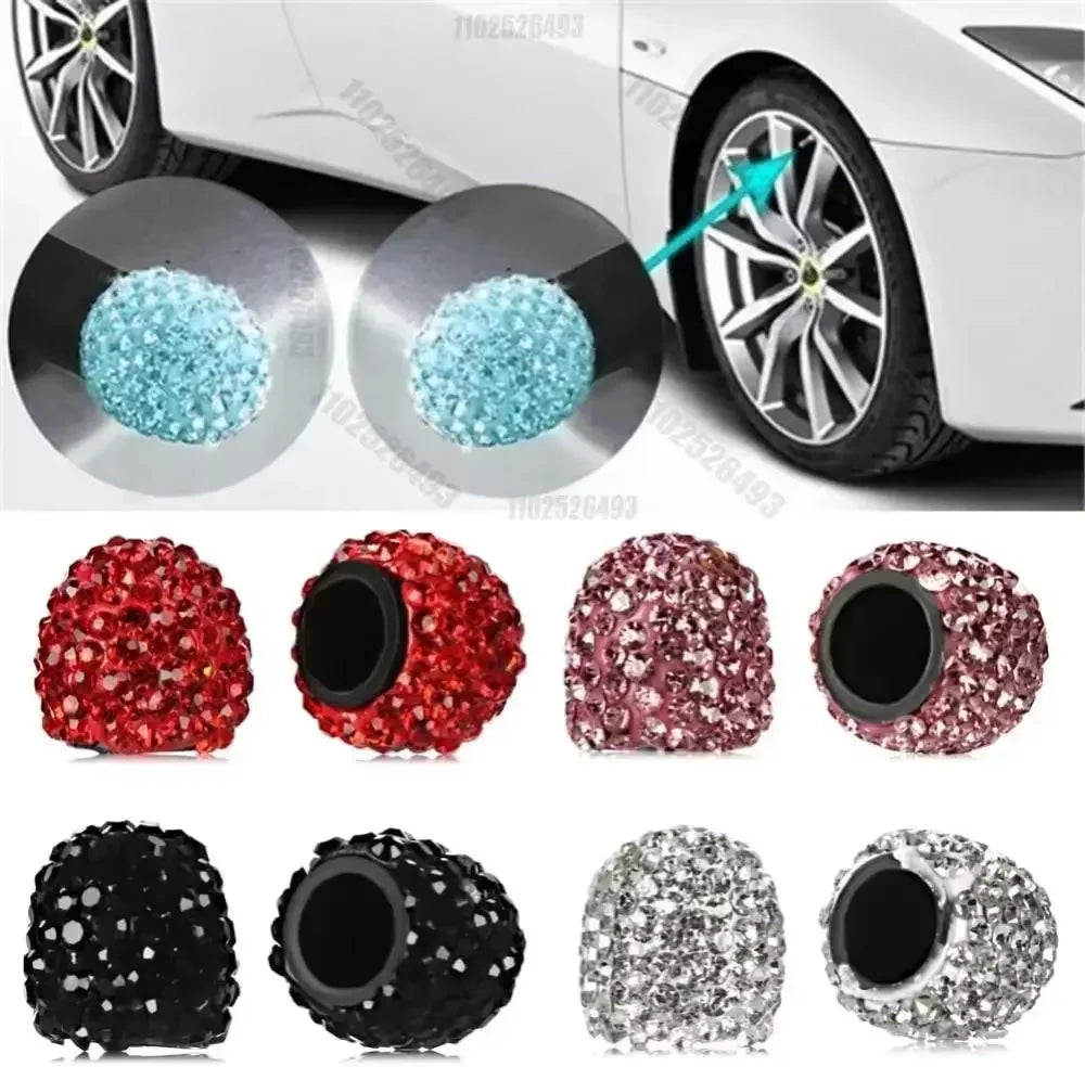 Set aus Kristall-Diamant-Radventil-Kappen in verschiedenen Farben wie rot, pink, schwarz und silber.