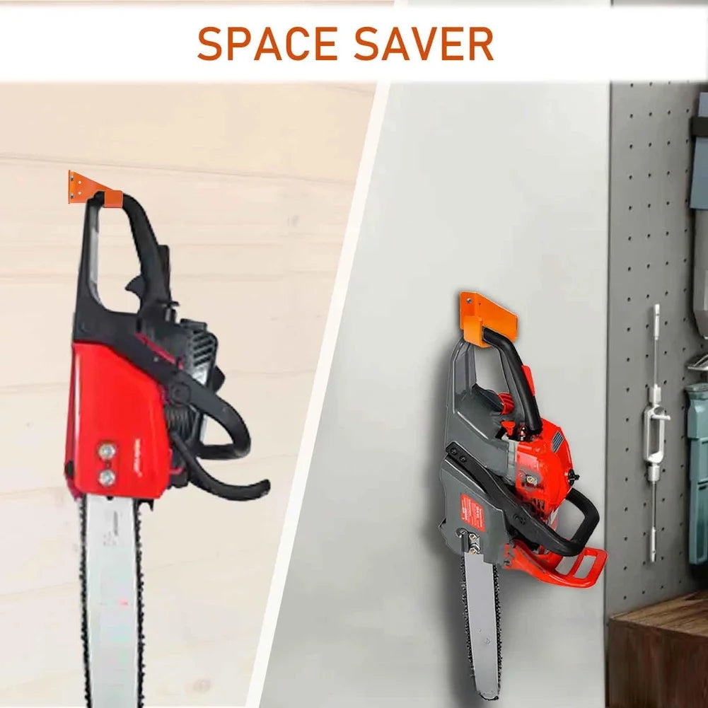 A red and black heavy-duty wall mounted chainsaw hanger with a blade is shown against a white wall.