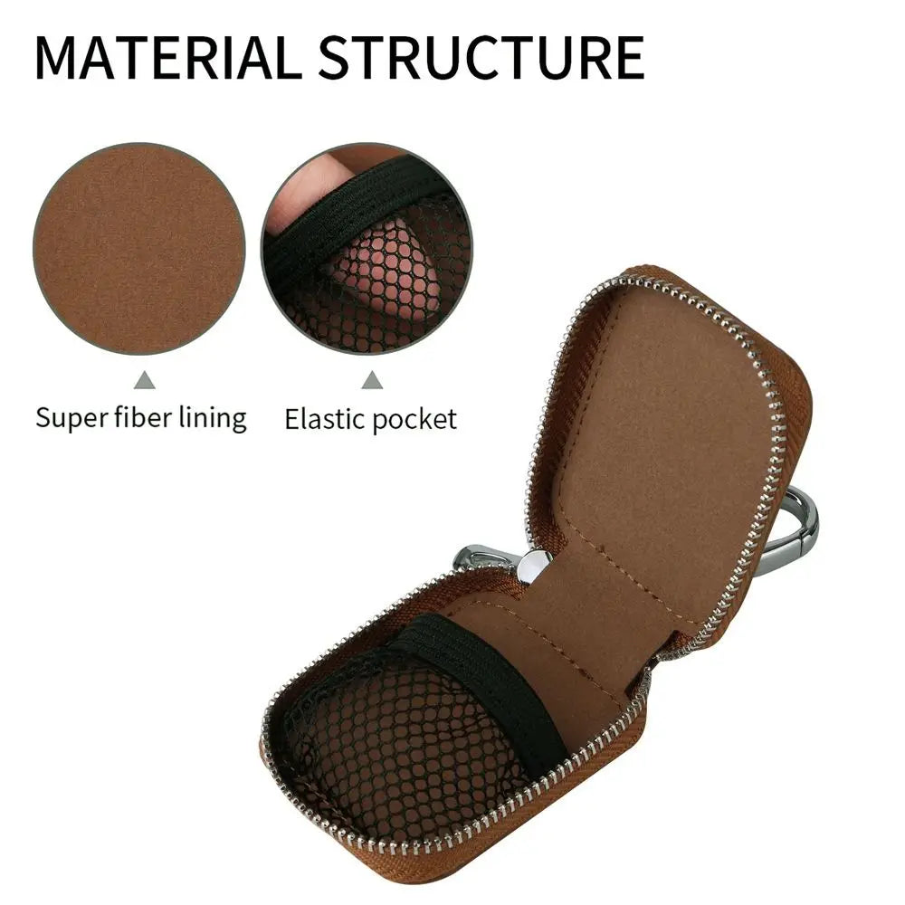 A brown PU leather protective case for earbuds showing the material structure including a super fiber lining and an elastic p