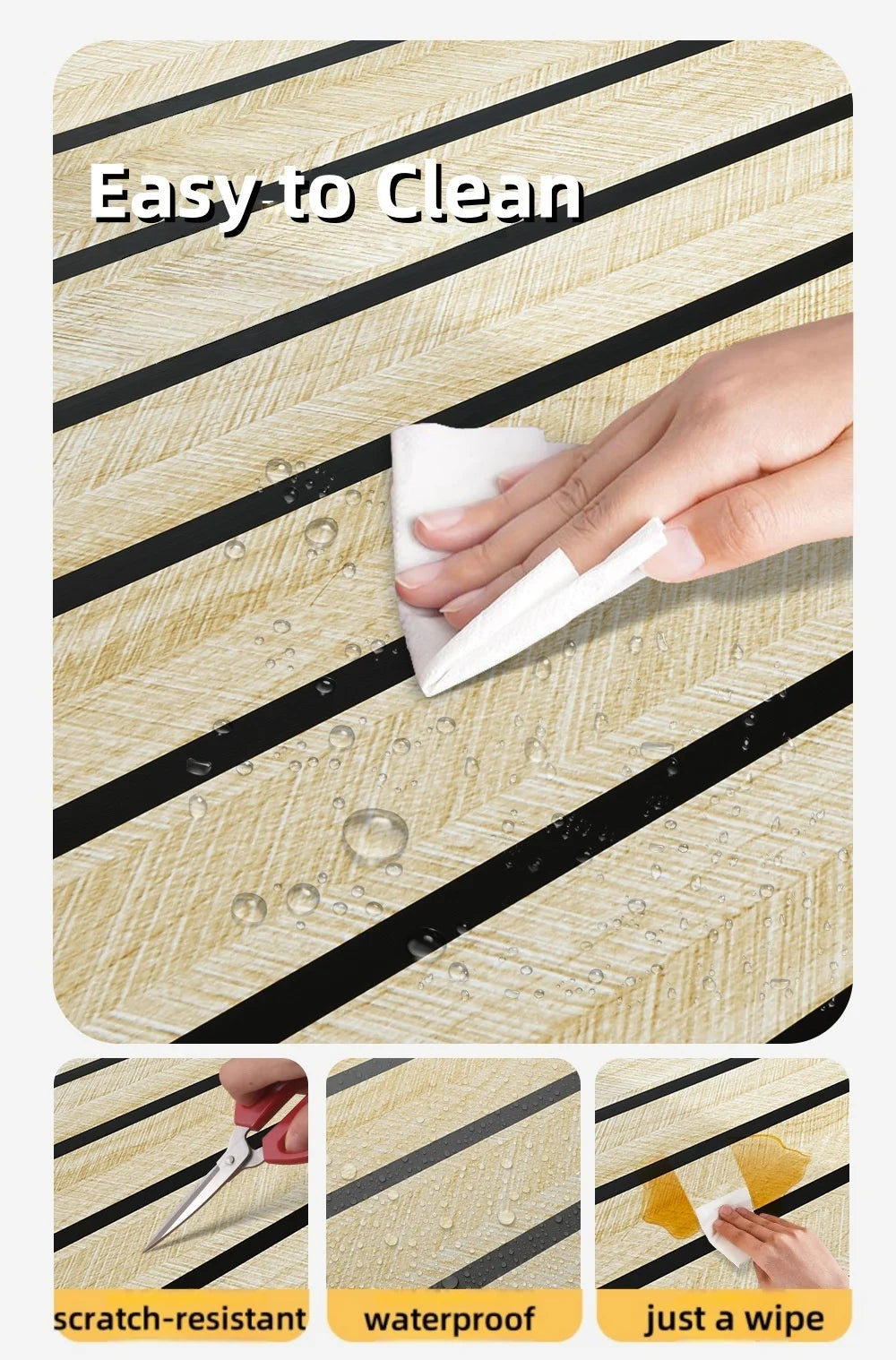 Hand wiping water off a self-adhesive wood grain wallpaper roll featuring black and beige stripes.