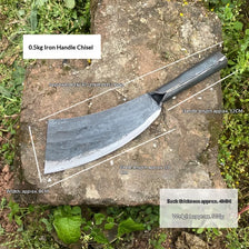 A 0.5kg Iron Handle Chisel is shown resting on a stone, with dimensions and weight measurements marked.