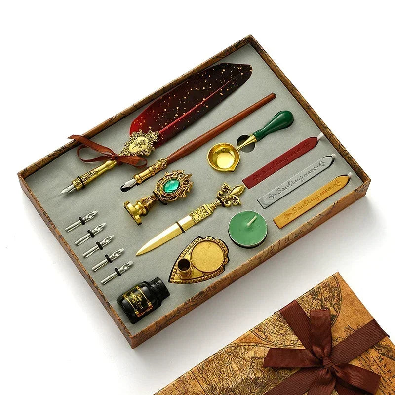 A vintage calligraphy fountain pen set with a wax seal stamp kit displayed on a wooden tray.
