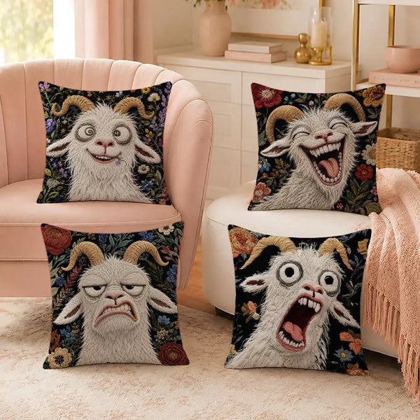 A decorative pillow cover featuring a realistic, screaming goat face in gray and black fabric.