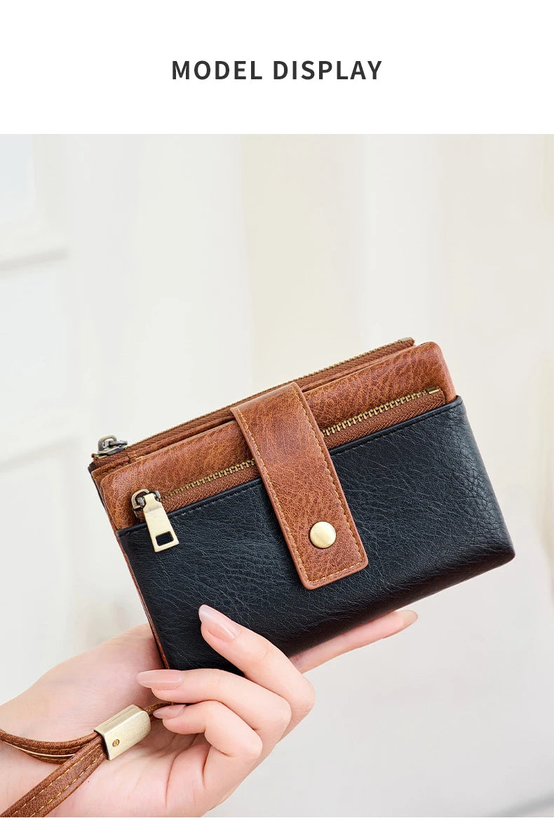 Vintage RFID-Blocking Triple-Fold Wallet with Double Zipper