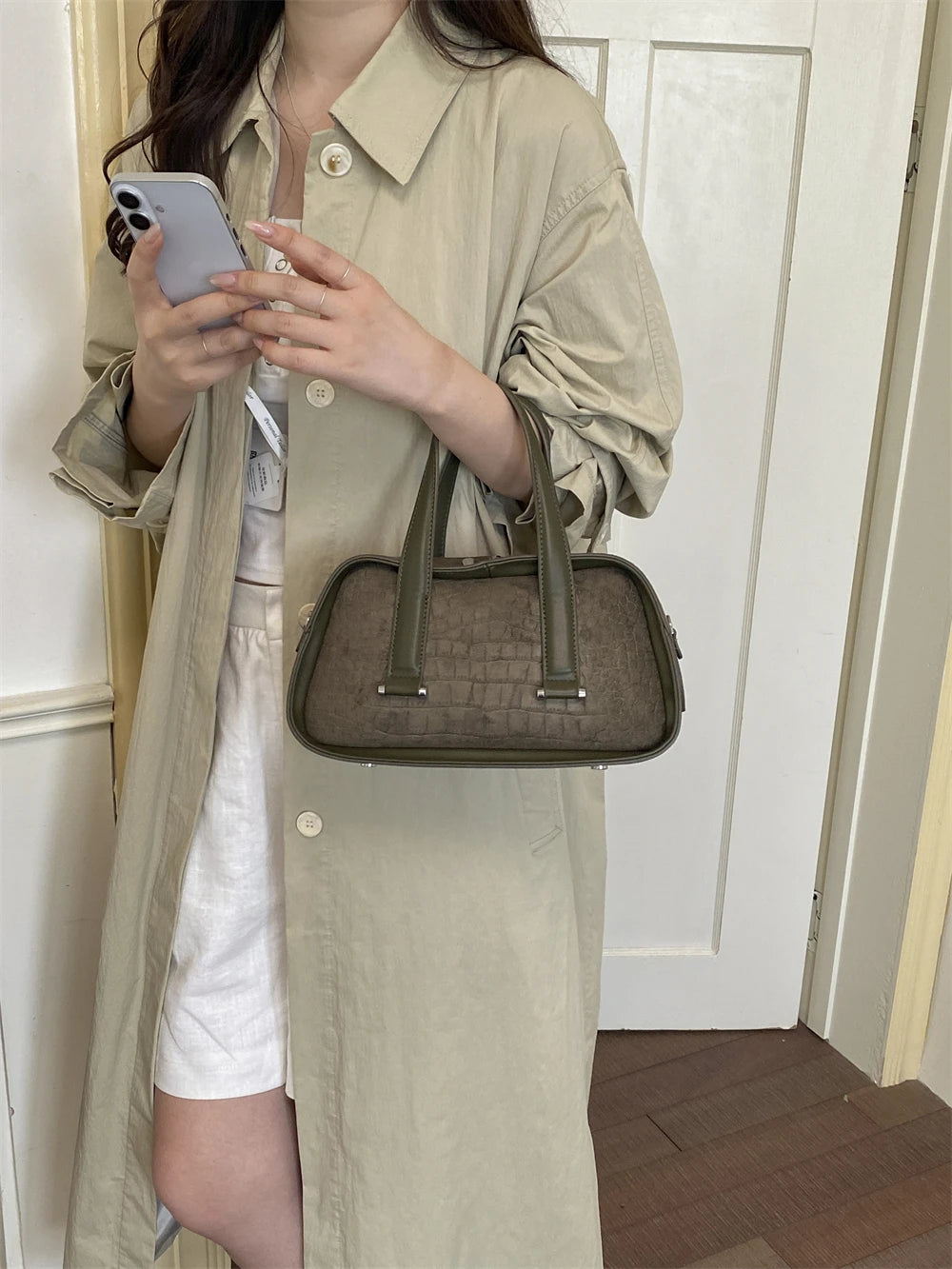 Vintage Croc-Embossed Mini Boston Bag with Dual Straps