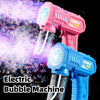 A pink and blue electric bubble machine or gun is shown firing bubbles against a dark background.