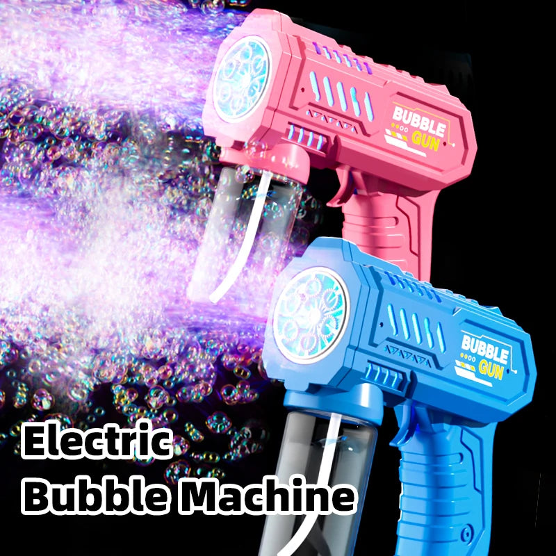 A pink and blue electric bubble machine or gun is shown firing bubbles against a dark background.