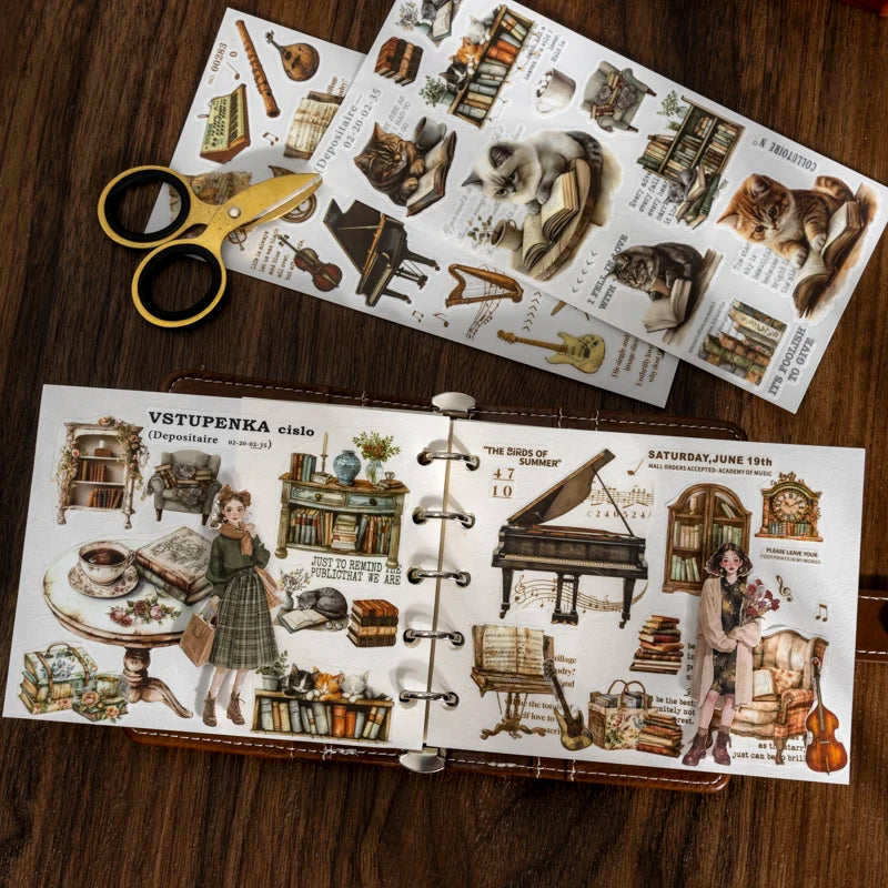 Set retro PVC-Transferdruck-Sticker mit Vintage-Illustrationen und Typografie zum Scrapbooking