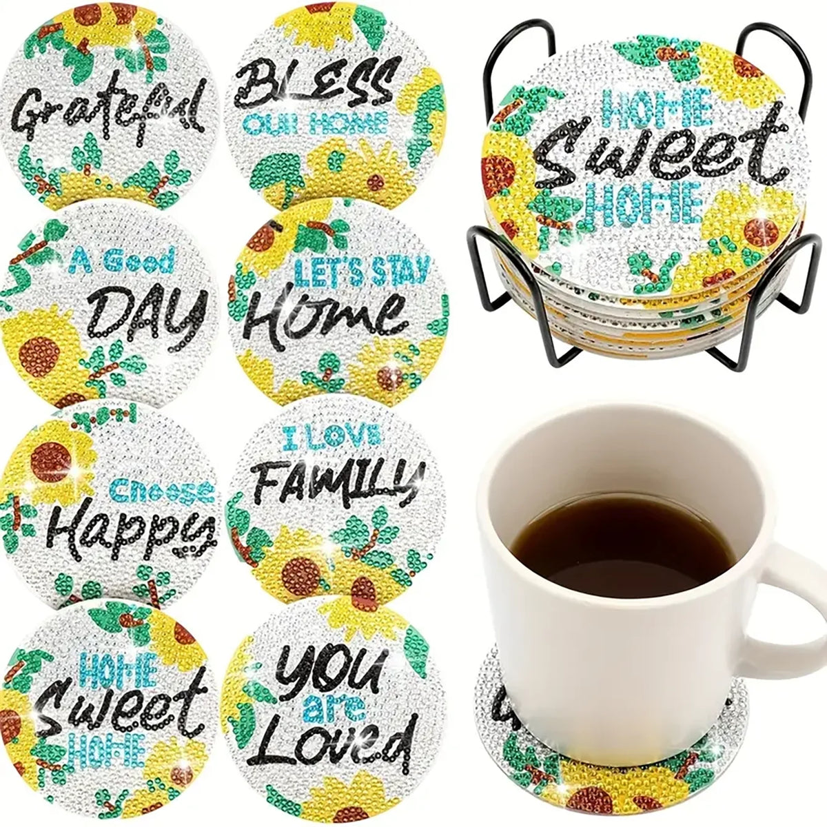 A set of eight ocean-themed diamond art coasters with a holder, featuring designs like Grateful, Bless Our Home, and Sweet Ho