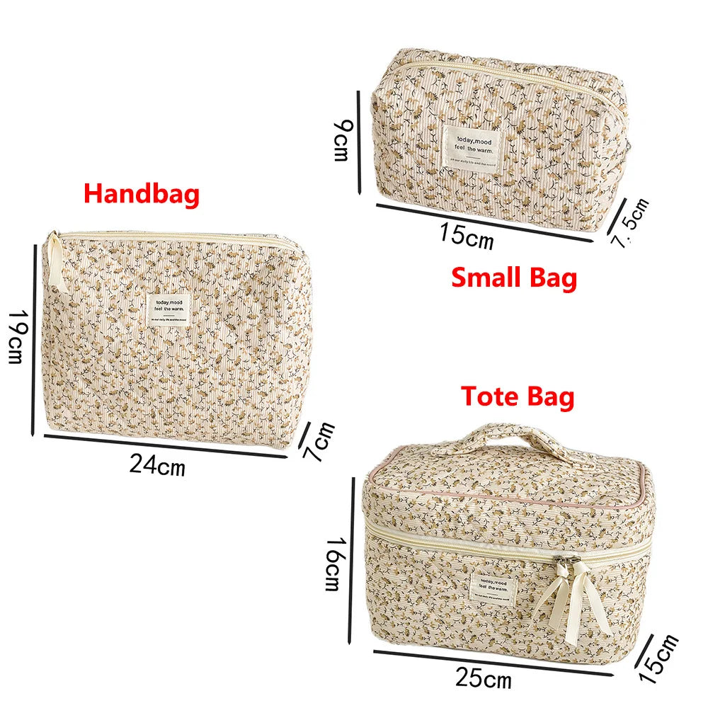 A set of beige vintage floral quilted cosmetic bags shown with various dimensions.