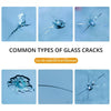 Images showing common types of glass cracks including spiderweb cracks and linear cracks, indicating they can be repaired and