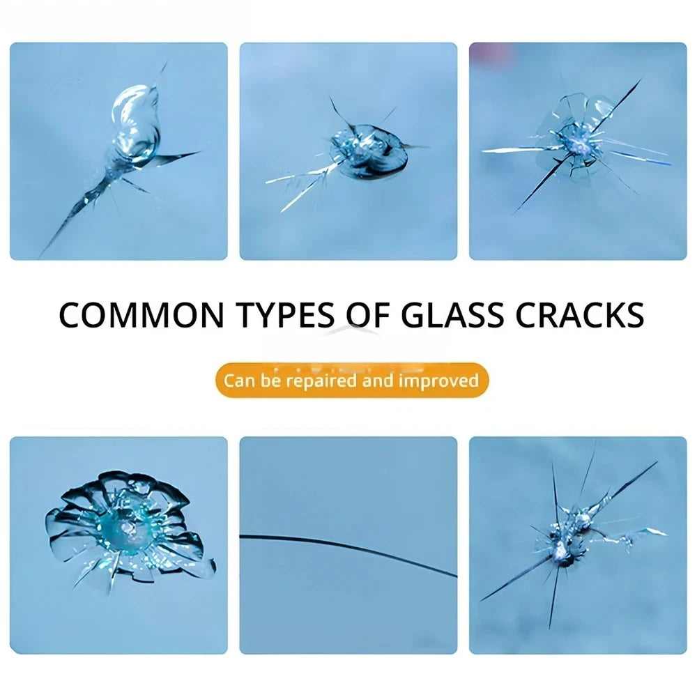 Images showing common types of glass cracks including spiderweb cracks and linear cracks, indicating they can be repaired and