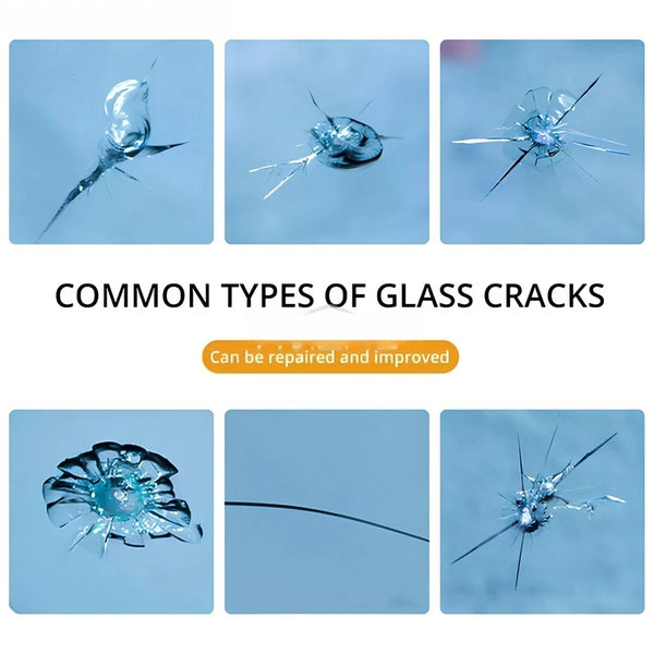 Images showing common types of glass cracks including spiderweb cracks and linear cracks, indicating they can be repaired and