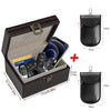 A black carbon fiber Faraday box designed to protect key fobs and phones, shown open with accessories inside.