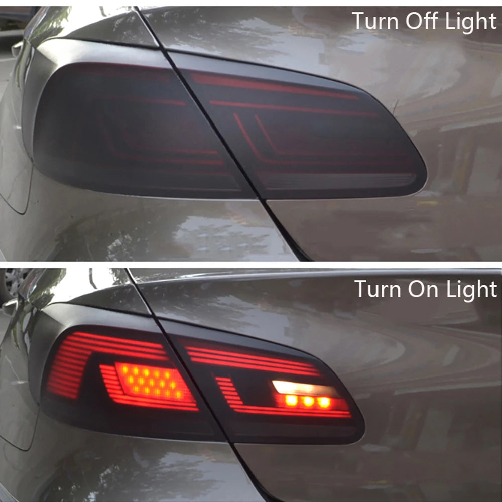 A close-up of a car's taillight, showing the difference between the light turned off and turned on.
