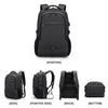 A black laptop backpack shown from the front, side, positive side, and back views.