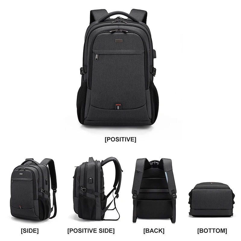 A black laptop backpack shown from the front, side, positive side, and back views.