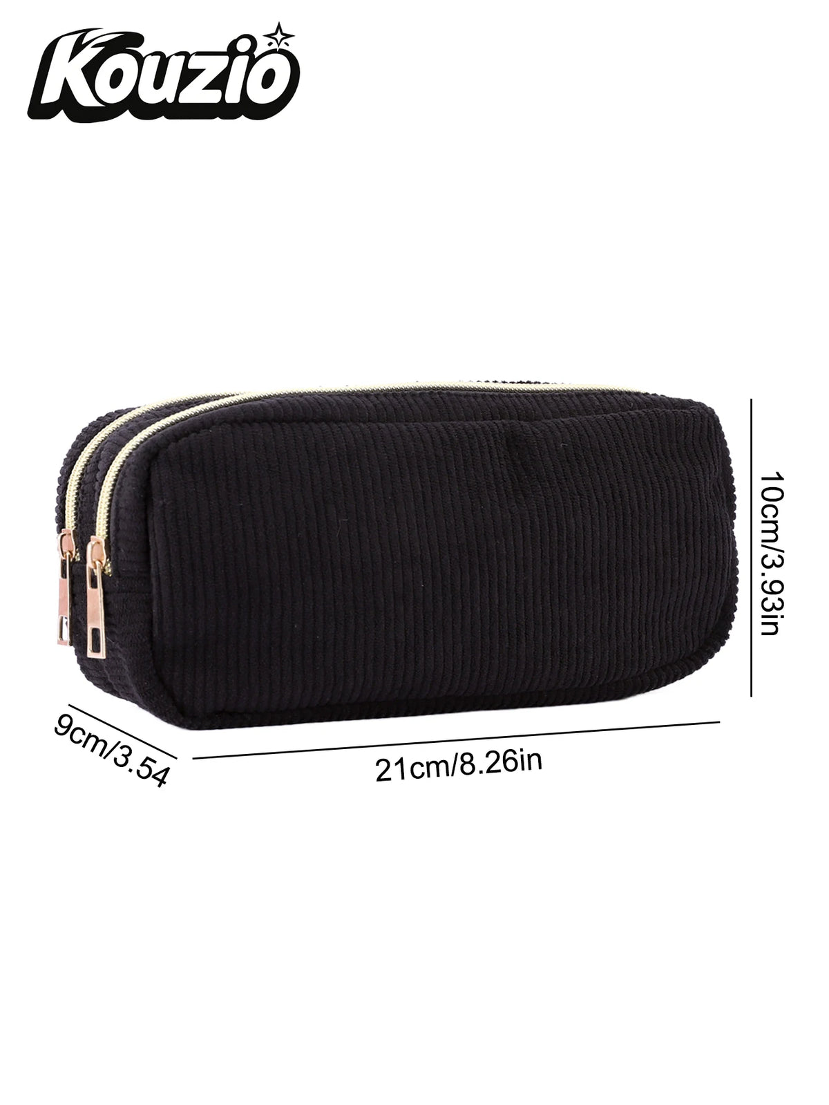 Black leopard print double-zip pencil case with gold trim and dimensions 21cm x 9cm.