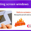 A white velcro screen window is shown being installed on a brown door, emphasizing mosquito proofing and easy installation.