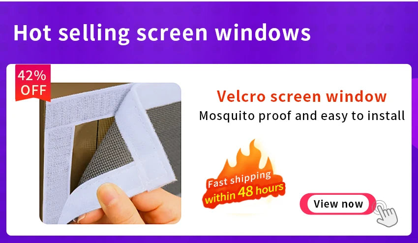 A white velcro screen window is shown being installed on a brown door, emphasizing mosquito proofing and easy installation.