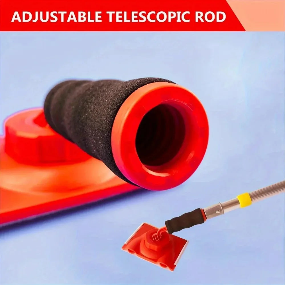An adjustable telescopic rod tool used for trimming paint edges, shown with a red and black handle and a small orange trimmer