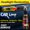 A bottle of Qifenge Headlight Restoration Liquid is shown next to a car headlight demonstrating yellowing and oxidation remov