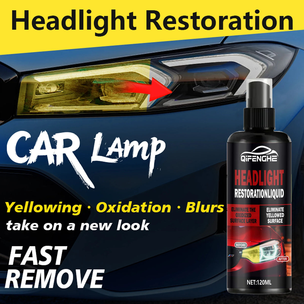 A bottle of Qifenge Headlight Restoration Liquid is shown next to a car headlight demonstrating yellowing and oxidation remov