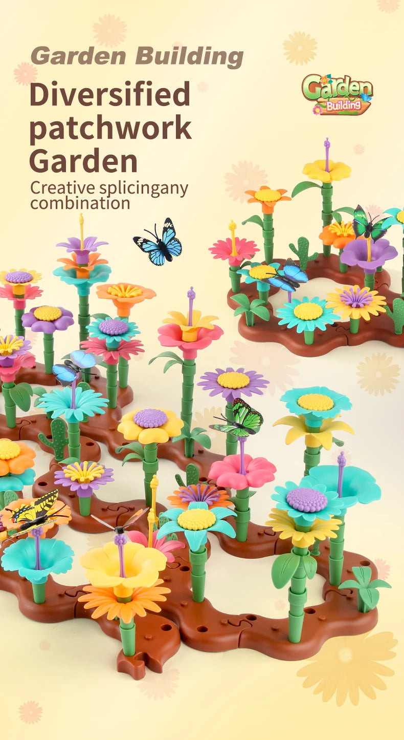 A colorful patchwork garden building toy featuring various flowers and plants in a diverse combination.
