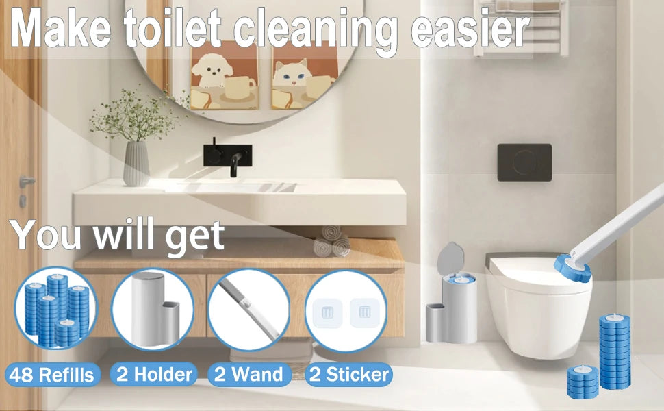 A set of disposable toilet cleaning tools including a brush, holder, wand, sticker, and 48 refill pads for easier toilet clea