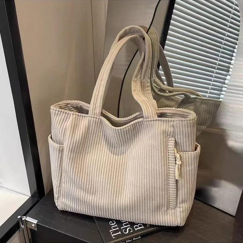 Classic Corduroy Tote Bag with Multiple Pockets