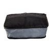 A black foldable oxford cloth makeup organizer bag with a gray lining.
