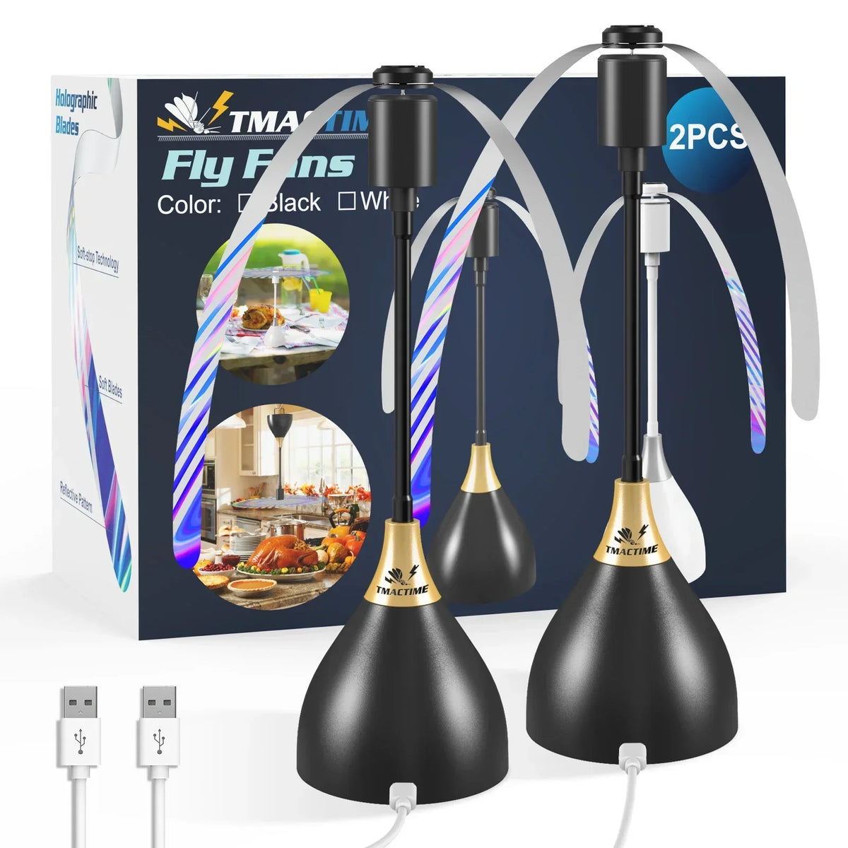 A box and two black portable fly repellent fans with white blades are shown.