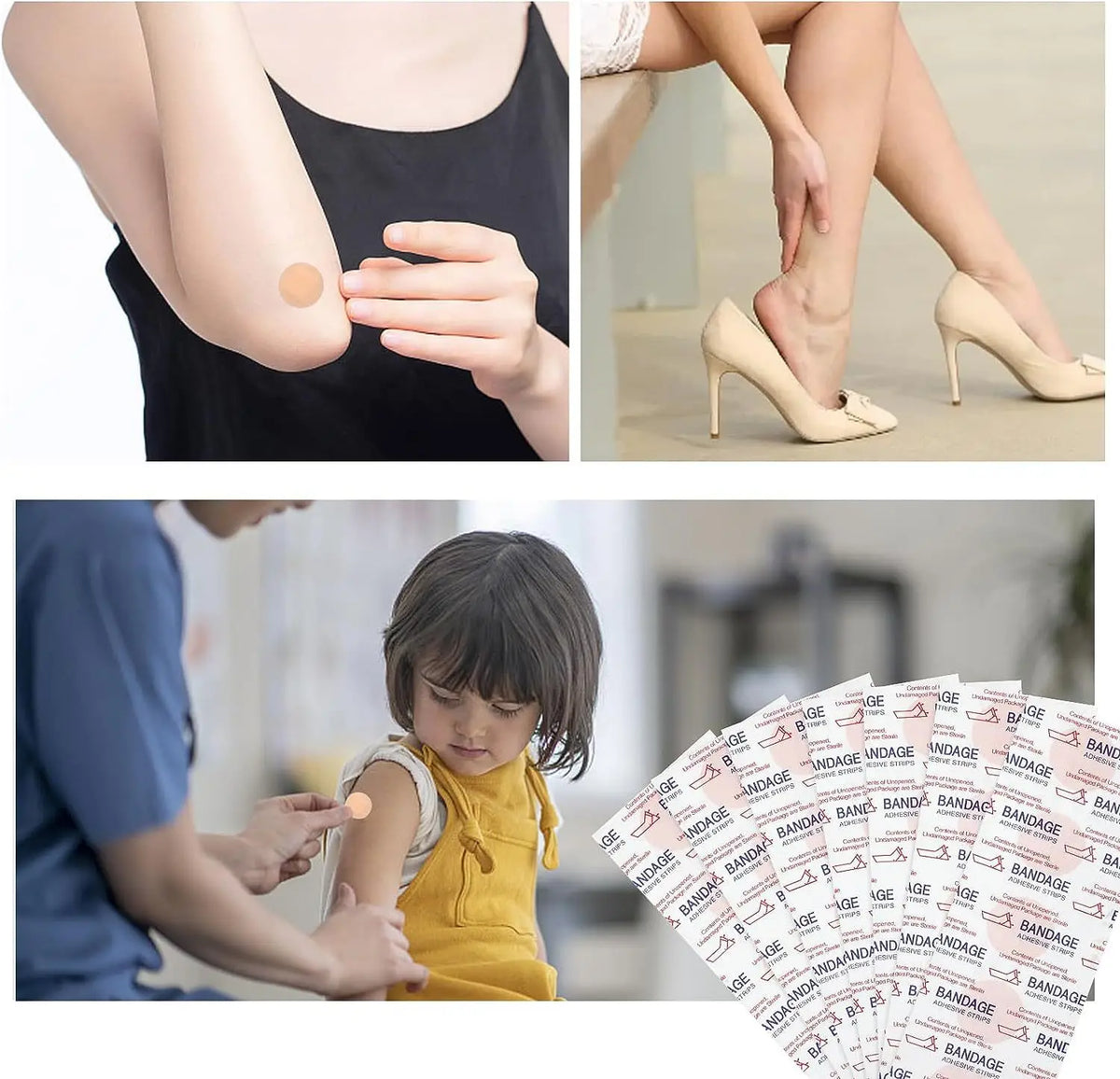 A hand applies a round adhesive bandage to an arm, next to a pack of waterproof bandages.