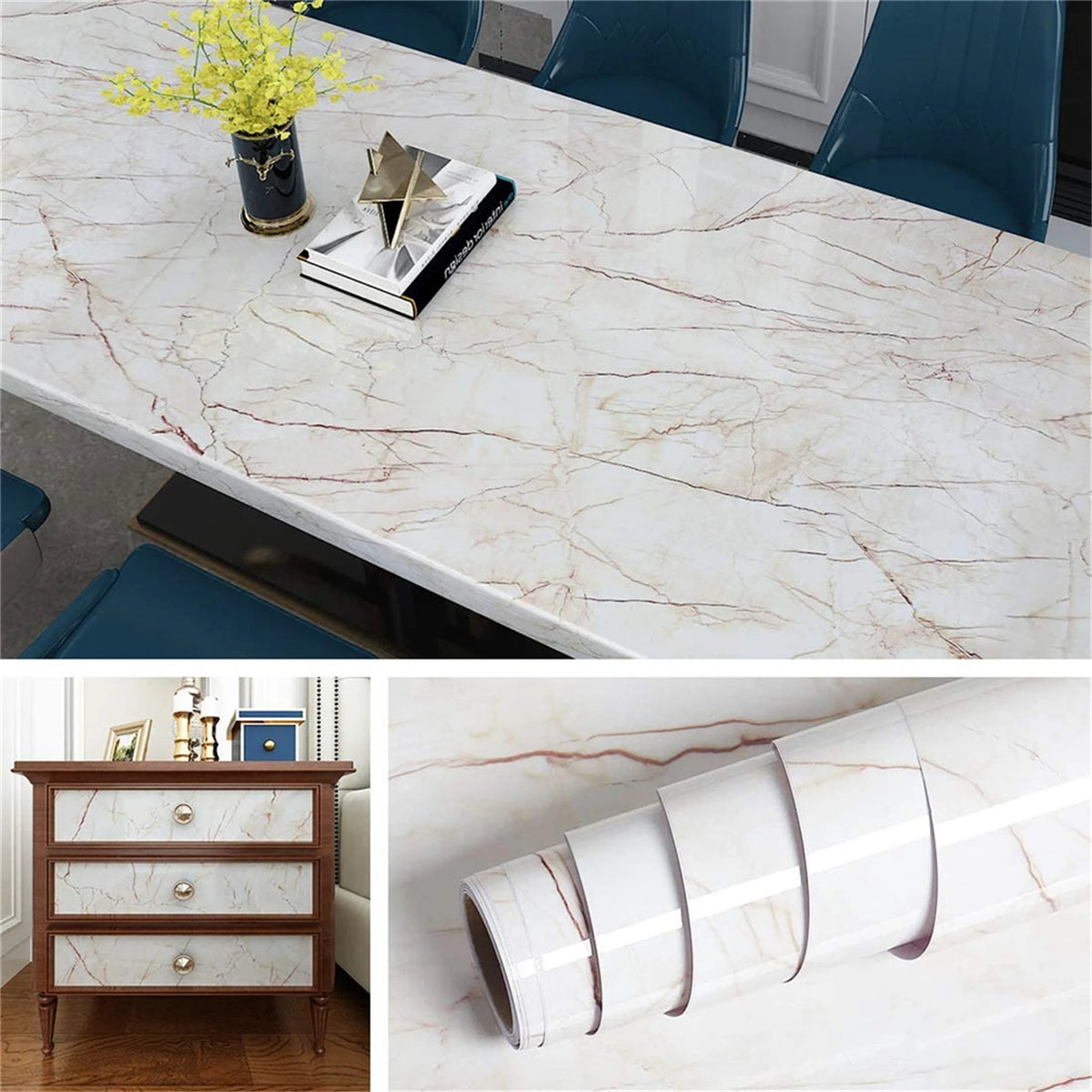 Rolls of pearlescent pink marble peel and stick wallpaper displayed on a white marble surface.